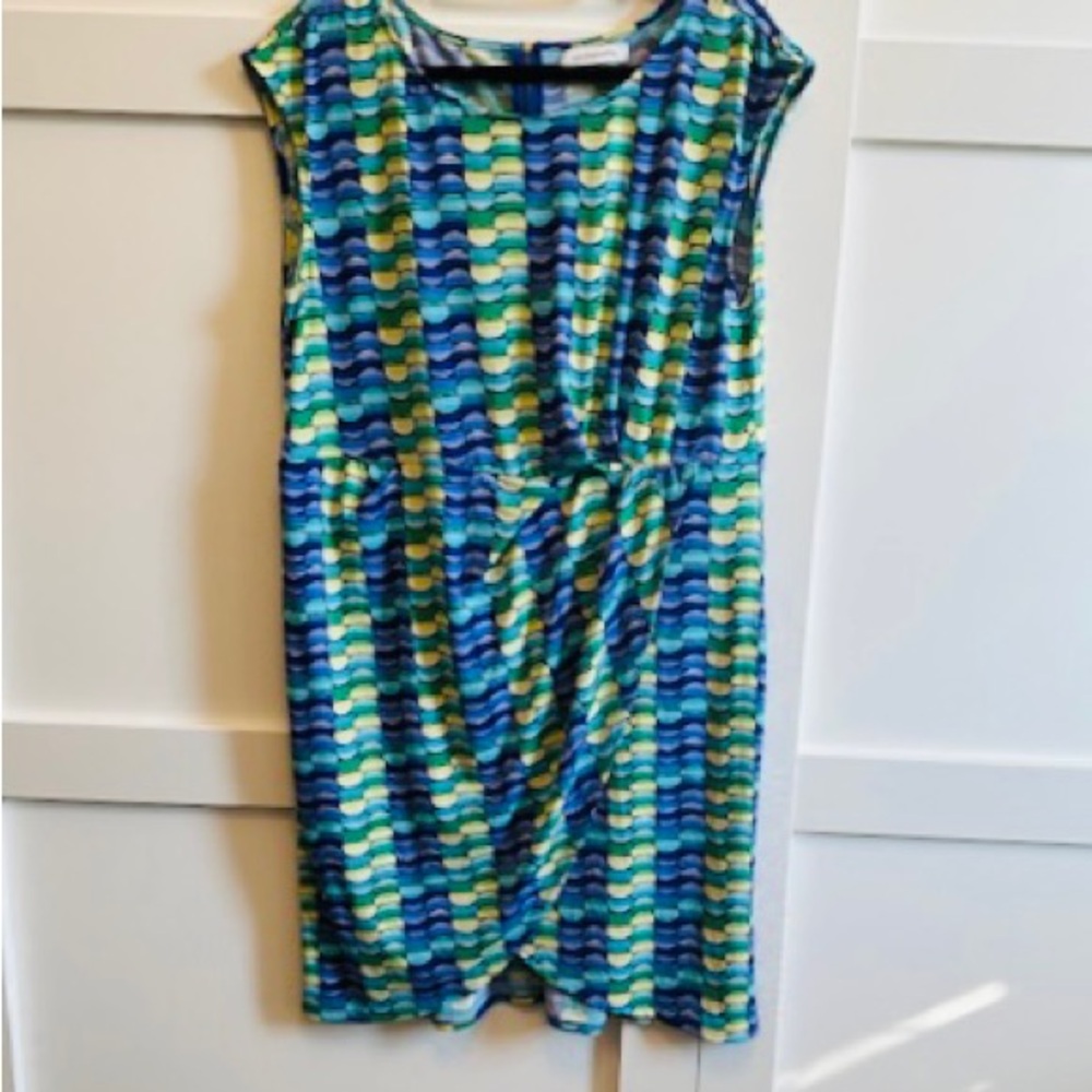 LIZ CLAIBORNE Dress Geo Print Bright Purple Green Yellow Strtchy Gold Zip Sz L